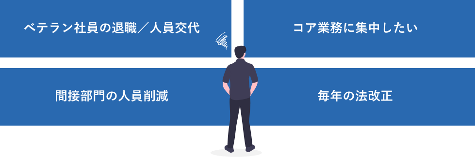 ベテラン社員の退職 人員交代 コア業務に集中したい 間接部門の人員削減 毎年の法改正 給与計算・保険手続きのお悩み 困っているイラストイメージ
